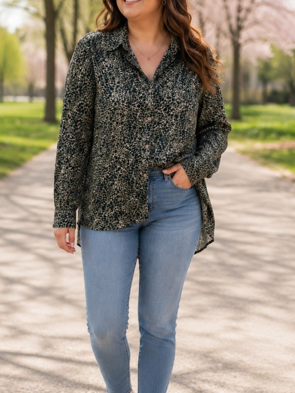 NWT Apricot Green Animal Print Button-Down Blouse | Safari Chic Lightweight